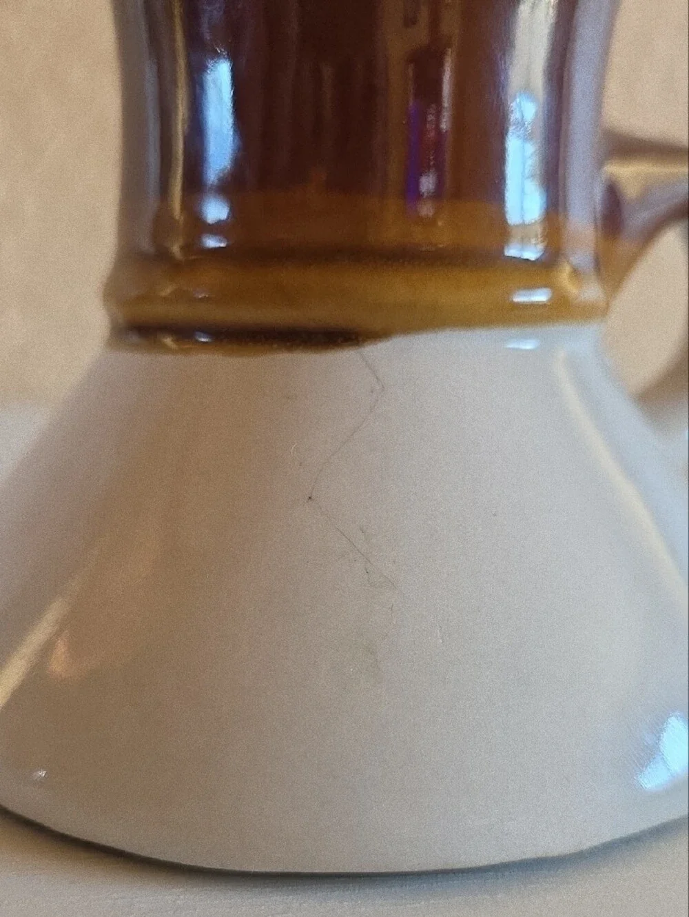 Vintage 70s No Spill Coffee Mug Wide Bottom Two Tone Brown White Glaze